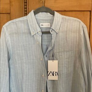Zara Pale Blue Button-Down Linen-Blend Shirt